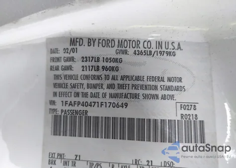 2001 Ford Mustang из США, поврежденный, VIN 1FAFP40471F170649